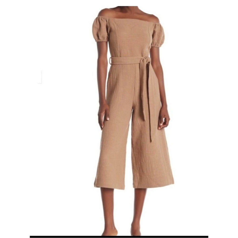 Line & Dot Off The Shoulder Cotton Brown Rimama Wide Leg Jumpsuit